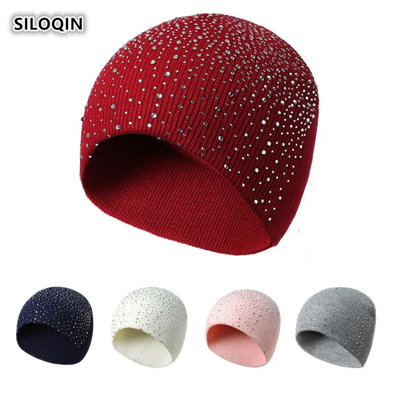 

SILOQIN Autumn Winter Lady Brands Fashion Warm Beanie Hat New Rhinestone Decoration Knitting Wool Cap Elegant Woman Winter Hats