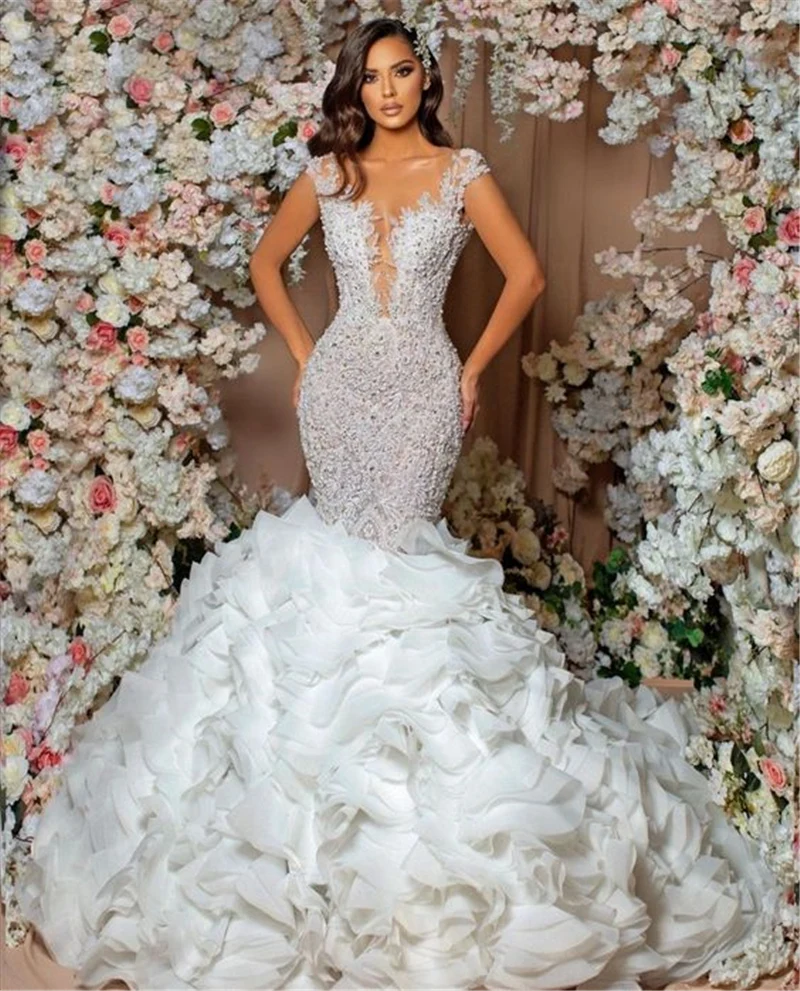 

Luxury Beading Mermaid Wedding Gown Cap Sleeve Ruched Tail Illusion Bridal Dress