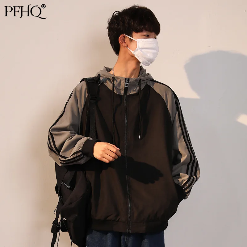 

PFHQ 2021 New Men's Fashion Loose Hooded Ins Trend Korean Style Couple Color Matching Striped Jacket Autumn And Winter 21E122