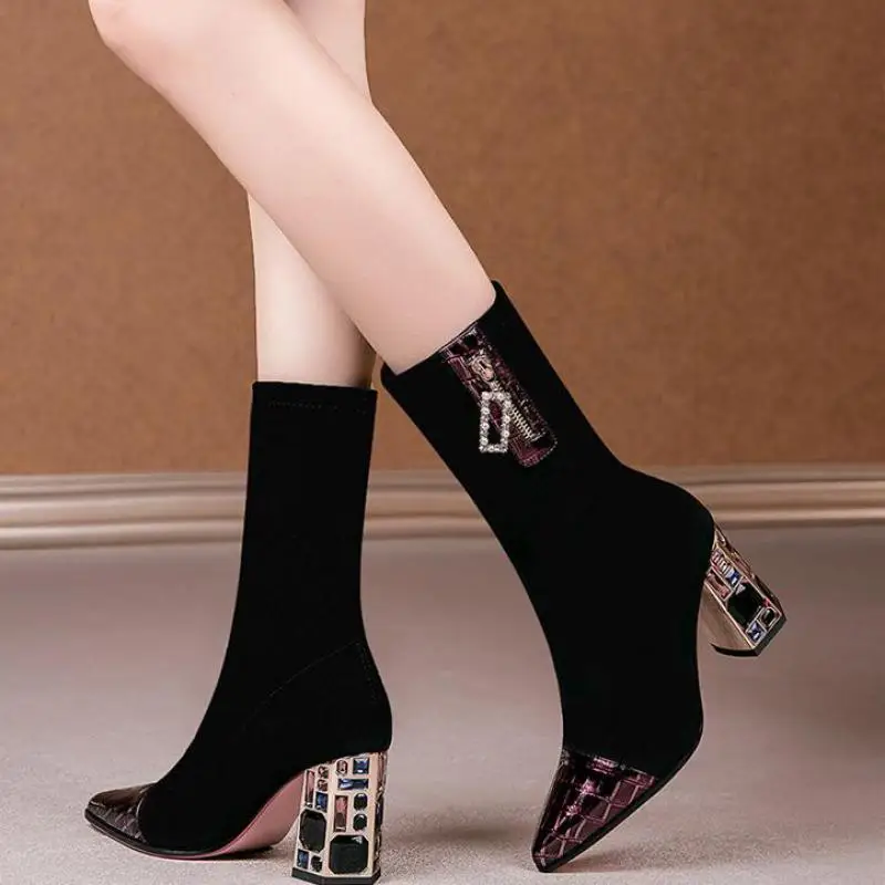 Women's Boots TGHDOF Fabric High Heel Autumn Sock Boots Women Fashion Zipper Pumps Pointed Toe Slip On