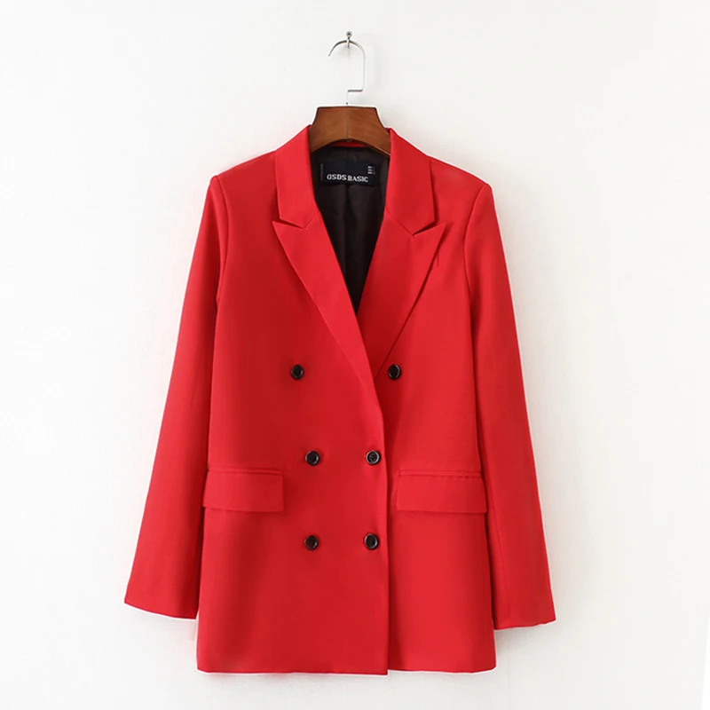 

2021 spring autumn new fashion casual double-breasted temperament red suit large lapel pocket mid-length suit jacket