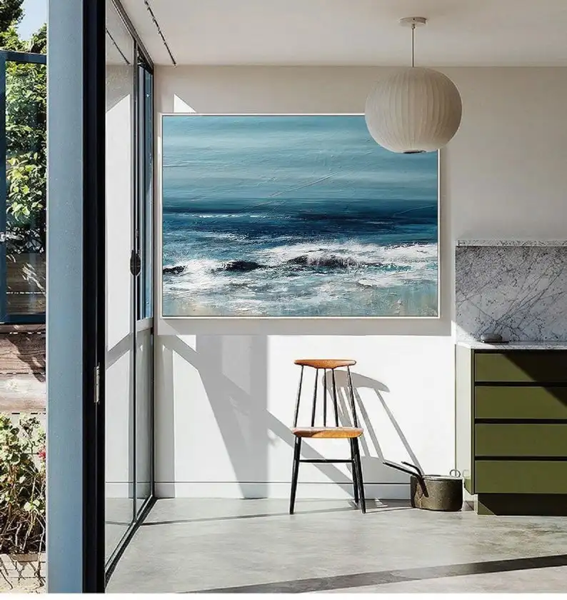 

Темно-Синяя абстрактная живопись, волнистая абстрактная живопись, большое небо и море, морская живопись маслом на холсте океана, абстрактна...