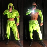 fluorescent green suit hooded sweatshirt reflective hollow pants nightclub bar ds men stage show wear pole gogo costumes xs3025