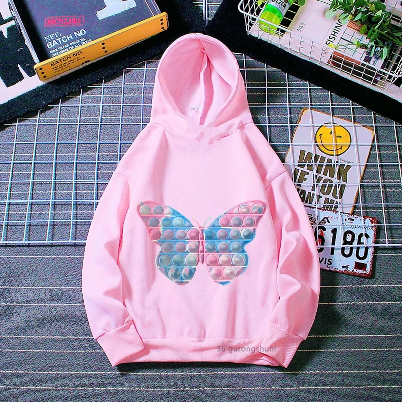 

Kawaii Girls Hoodies Cute Butterfly Fidget Toys Cartoon Popit Print Kids Spring Autumn Sweatshirt Fashion Girls Pink Hoodies