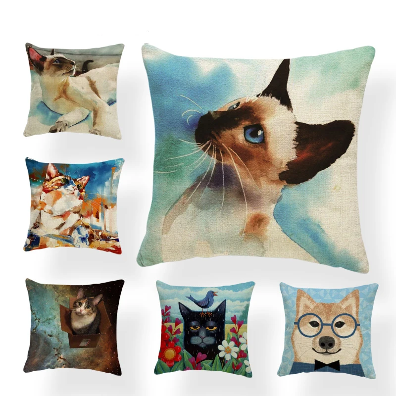 

Funny And Fashionable Cat Pillow Oil Painting Color Stars Pink Cartoon Cushion Home Sofa Polyester Linen 43*43Cm Decoration Mat