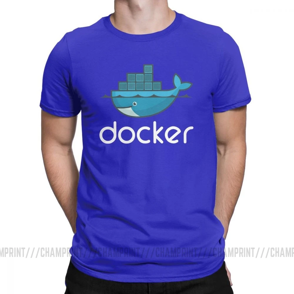 Мужская футболка с логотипом Docker, Linux, Javascript, компьютерная хлопковая одежда, Забавные футболки с коротким рукавом и круглым вырезом, графические футболки - Цвет: Синий