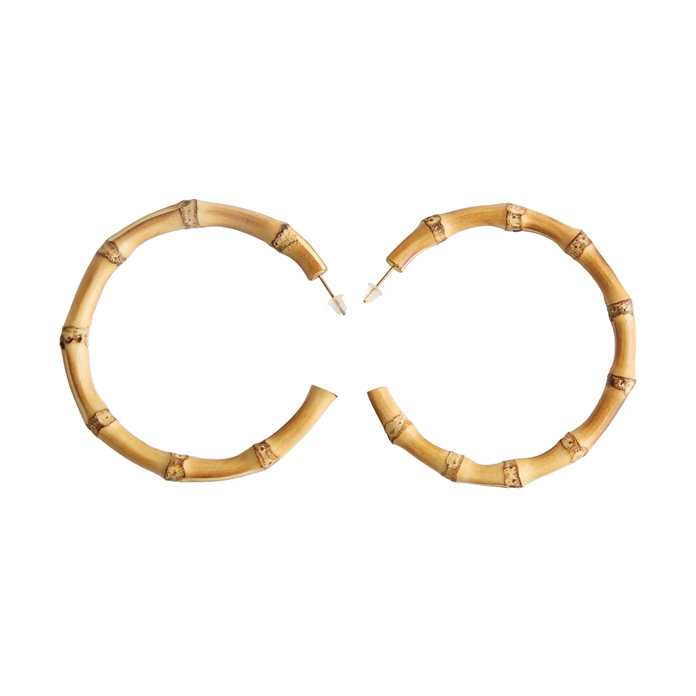 Nilerun brand letter C shape opening cut handmade real natural bamboo root round hoop earrings | Украшения и аксессуары