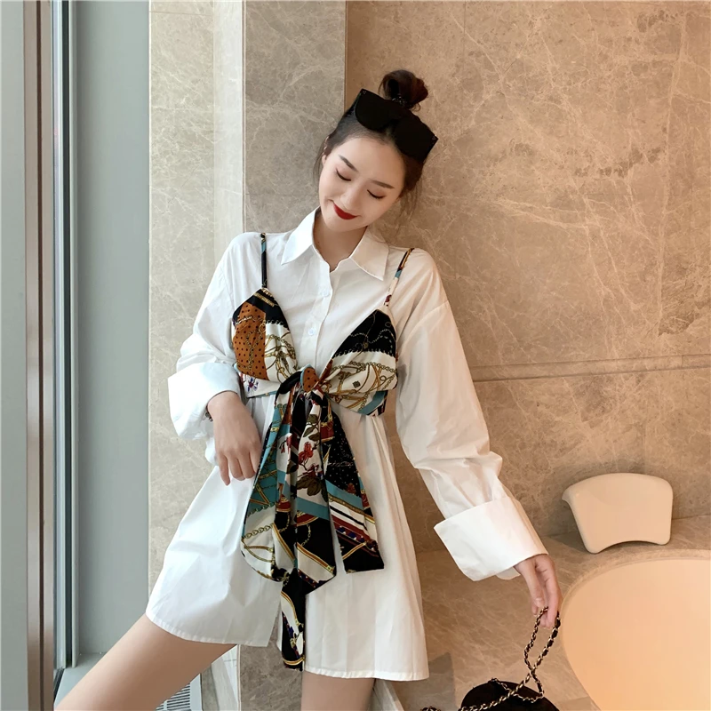 

Fashionable new style long sleeve medium and long printed bandage bow two wear suspender two piece set