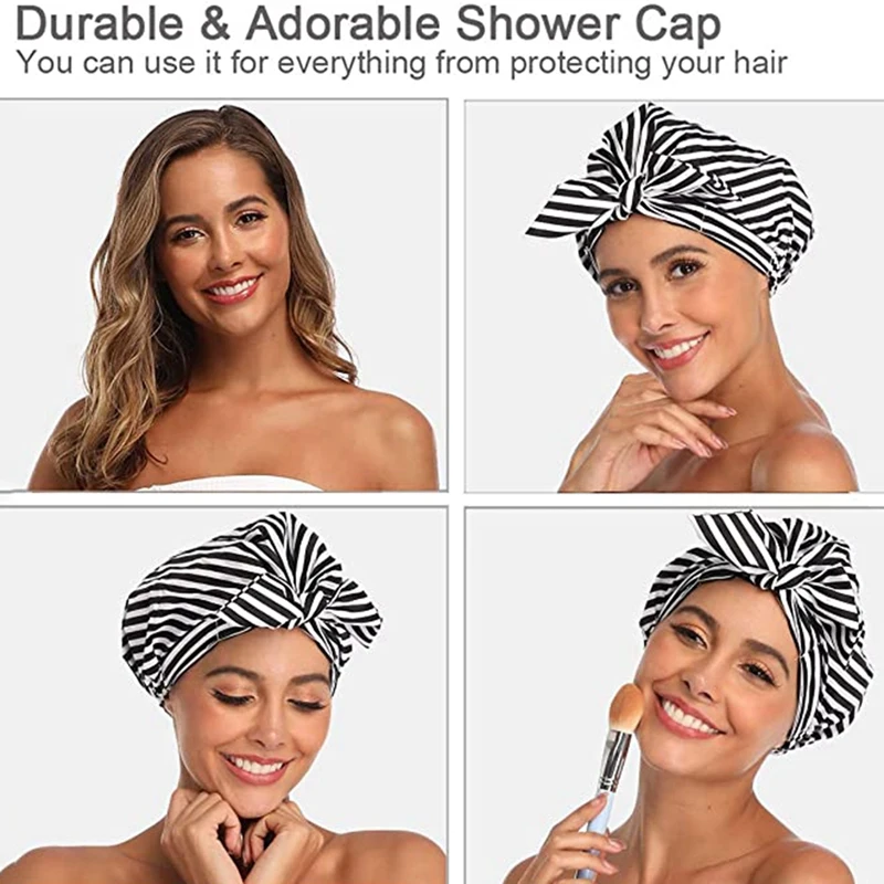 

2x Shower Cap Reusable Ribbon Bow Bath Over with Moldproof and Waterproof Flower Color & Stripes