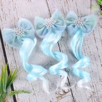 princess girls snowflake hair clips for hair baby blue wig pigtail ribbon yarn hair bows hairpins barrettes hair accessories