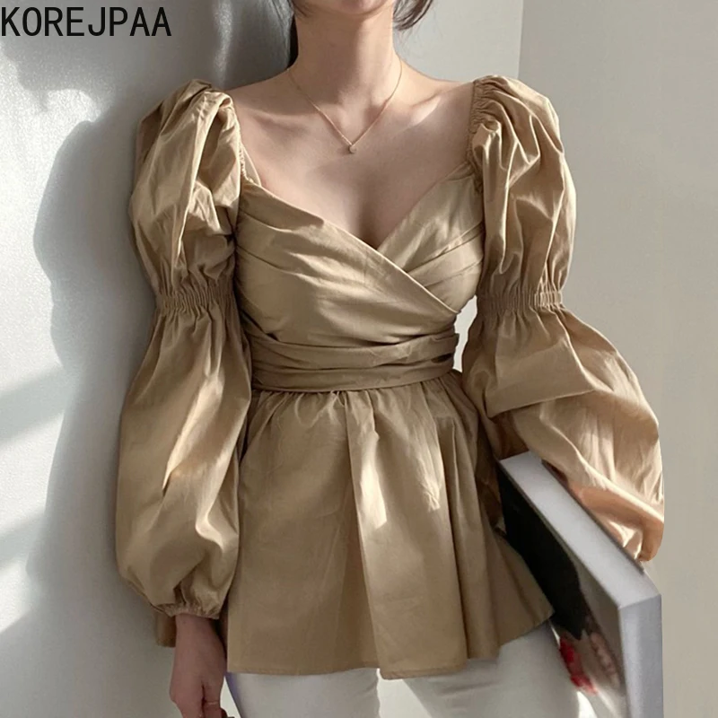 

Рубашка женская, с глубоким V-образным вырезом и складками, на раннюю осень, 2021