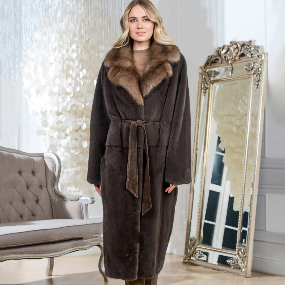 TOPFUR Mink Coat Female Whole Mink Long Hooded Fox Hat Collar Belt Imported Mink Fur Coat Real Fur Parka