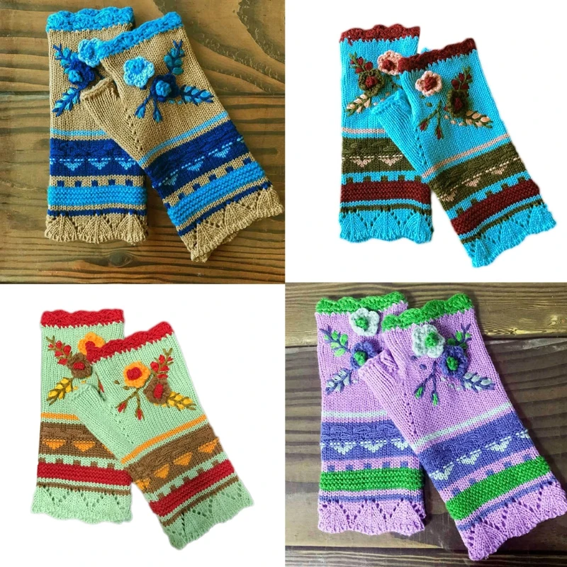

Women Winter Chunky Knit Texting Fingerless Gloves Ethnic Vintage Multicolor Striped Crochet Floral Thumb Hole Mittens