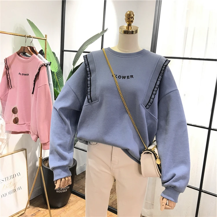 Весенняя Милая Толстовка 2020 пуловер с круглым вырезом и оборками Оверсайз в