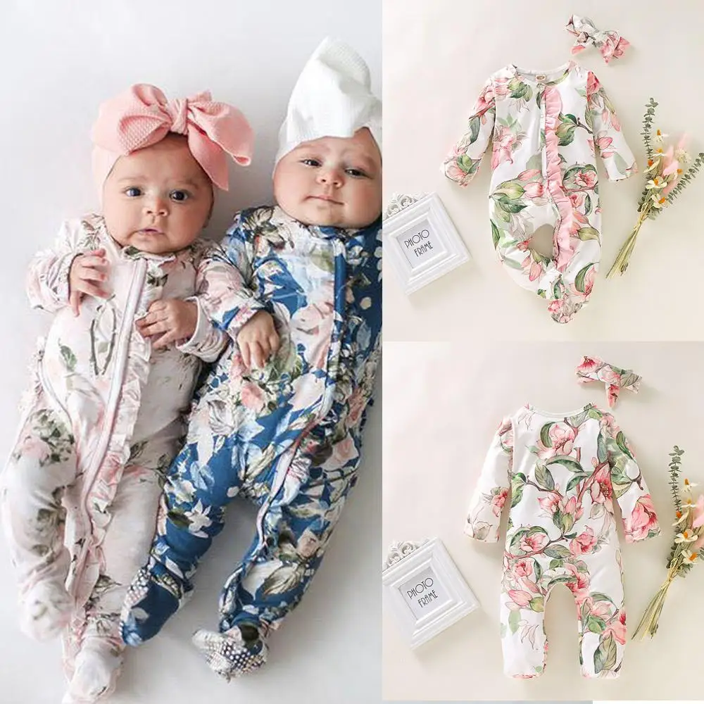 Newborn Infant Baby Girl Boy Footed Sleeper Romper Headband Clothes Outfits Set winter romper jumpsuit
