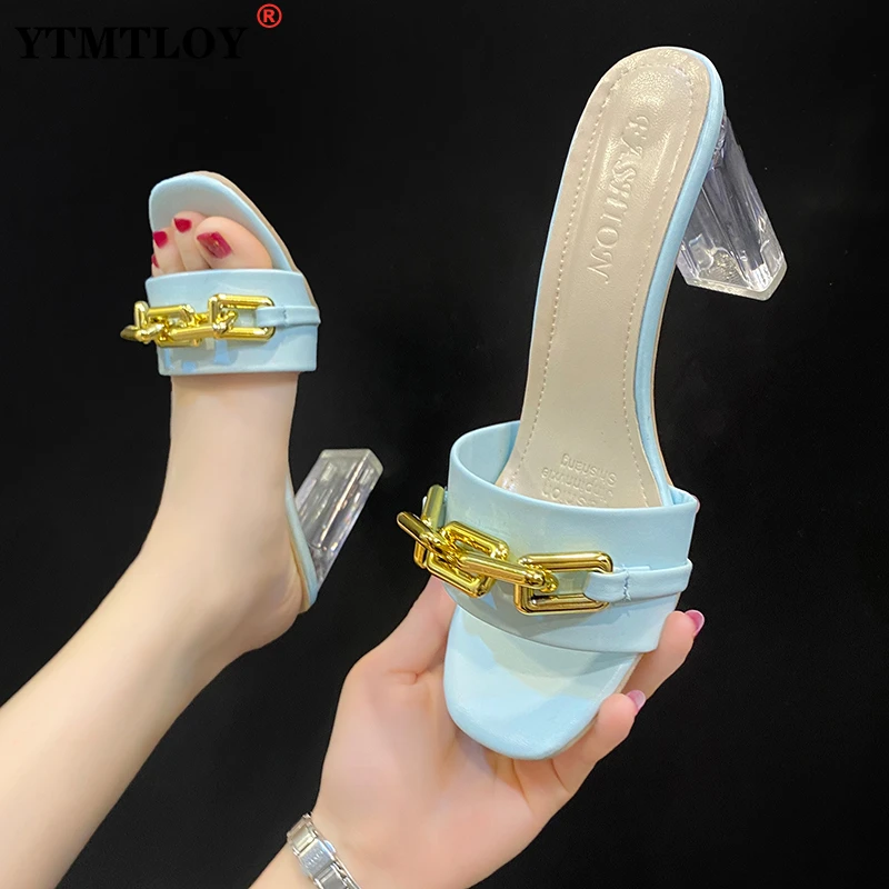 

New Summer Transparent Crystal Thick Heel Metal Chain Women's Slippers Shallow Open Toe Square Toe High Heels Gladiator Sandals