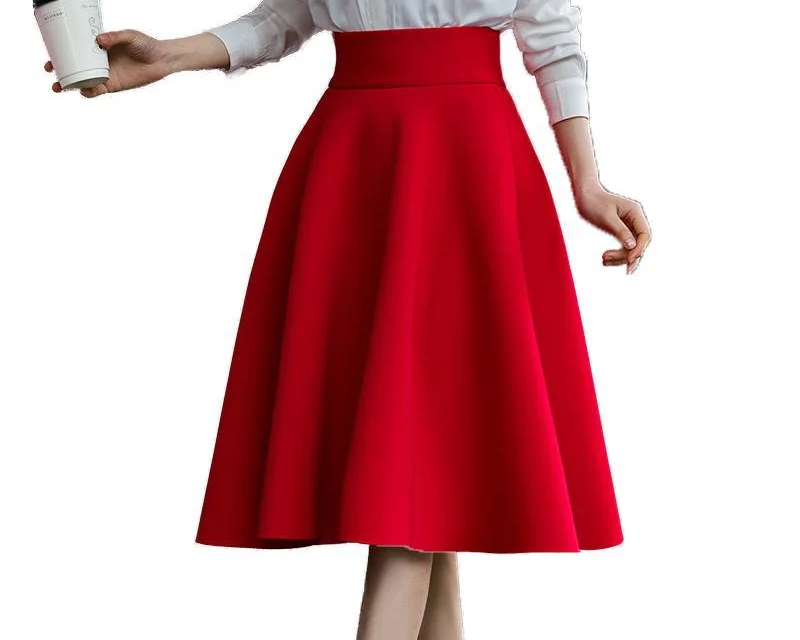 

5XL Plus Size Skirt High Waist Skirt Women's White Knee Length Pleated Bottom Skirt Saiyan Mid-length Black Red Blue
