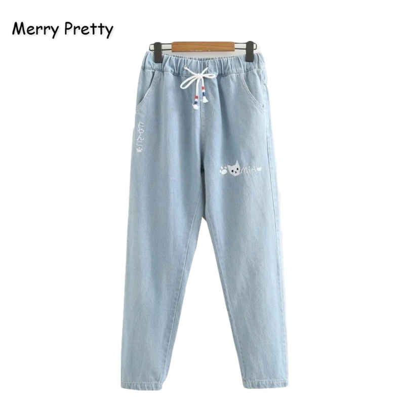 

Merry Pretty Women Blue Jeans Pants Cartoon Letter Embroidery Pockets Denim Pants Elastic Waist Straight Harajuku Jean Pants