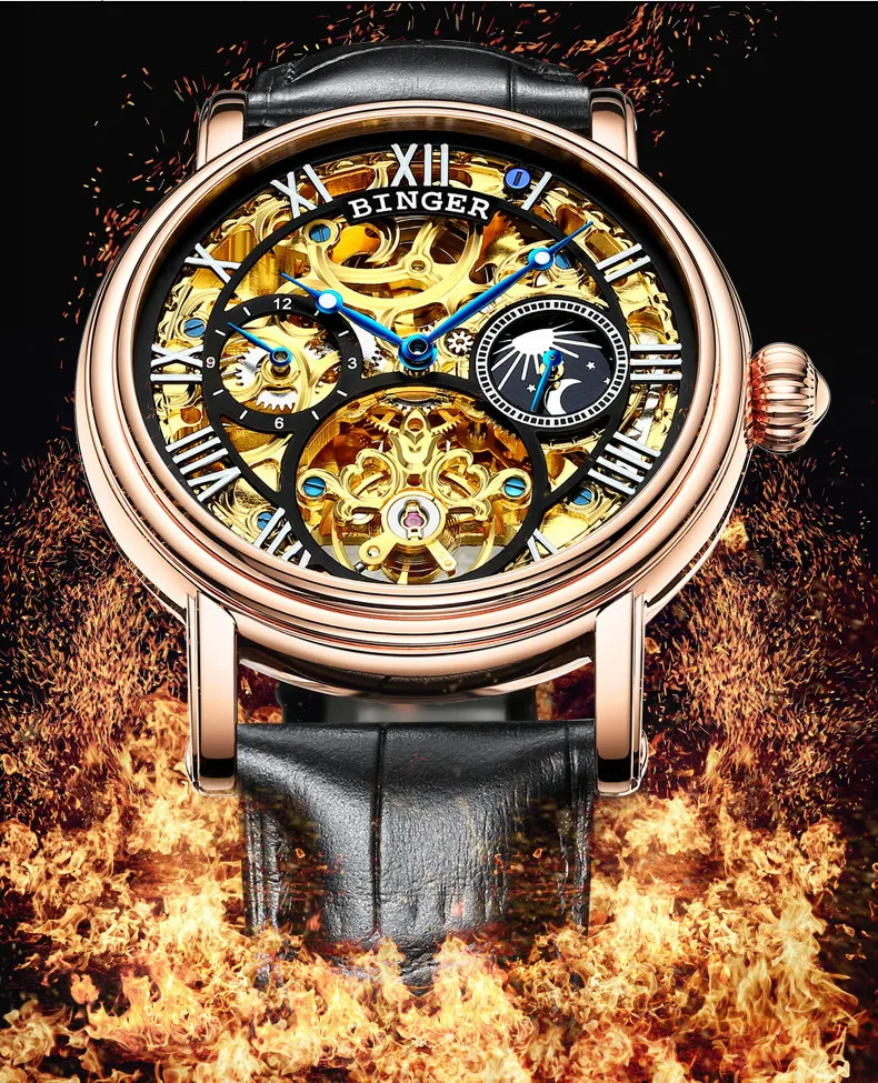 Швейцария БИНГЕР часы для мужчин люксовый бренд Tourbillon Relogio Masculino водостойкие Скелет механические часы B-1171-3