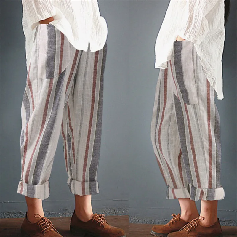 Свободные полосатые хлопковые льняные длинные брюки-султанки VIIANLES с карманами