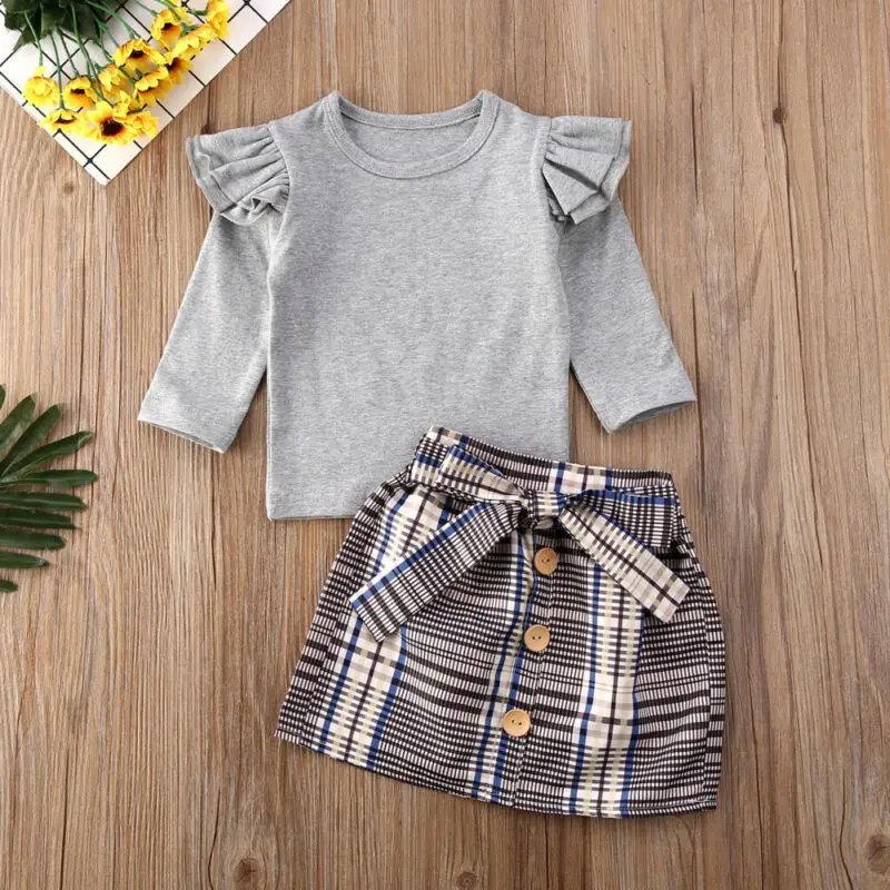 Baby Girl Clothes Girls Warm Fly-Sleeve Long Sleeve Tops Toddler Bow Plaid Skirt Kids Outfit Autumn Winter 2PCS Set