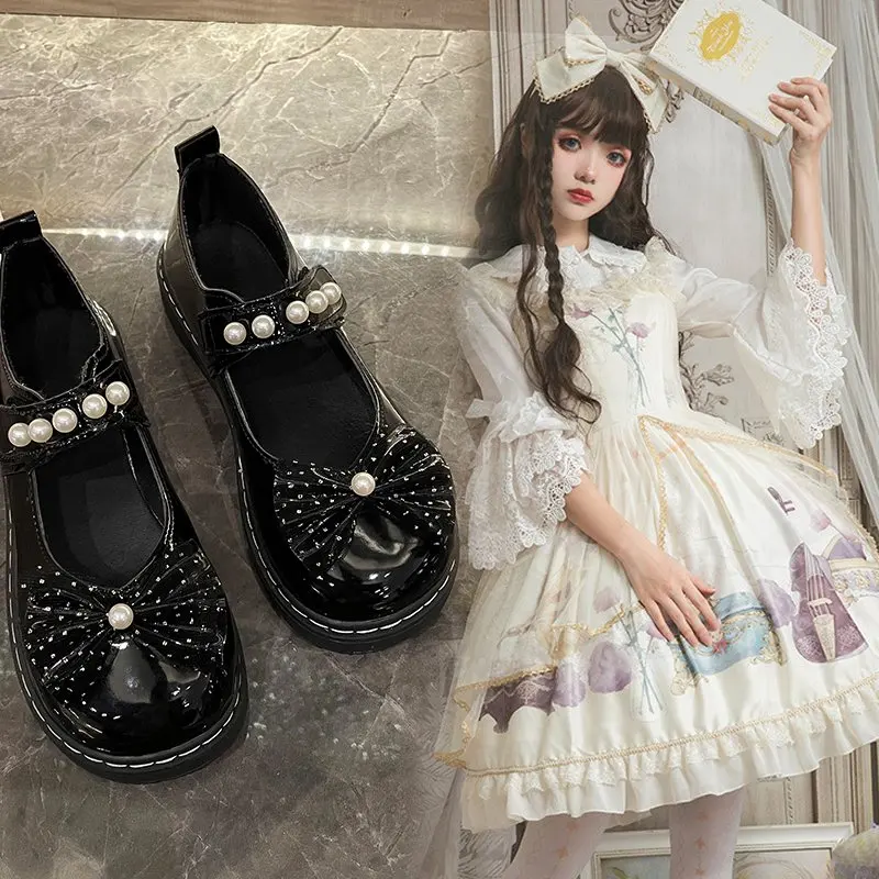 

2022 retro British style pearl bow decoration female Mary Jane sweet Lolita platform 4CM patent leather high heels