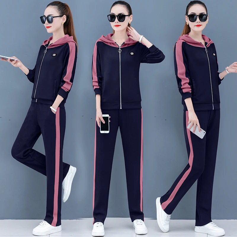 

Fashion Sports Hooded Long Sleeve Zip Jacket Two Piece Set Plus Size 4XL 5XL Autumn Trousers 2 Piece Sets Women Clothes Pink