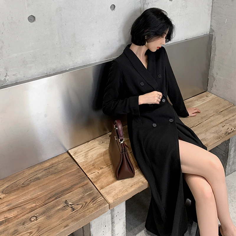 Flectit Women Suit Dress Double Breasted Notched Collar A-Line Long Black Business Chic Blazer Fall Winter Outfit * | Женская одежда