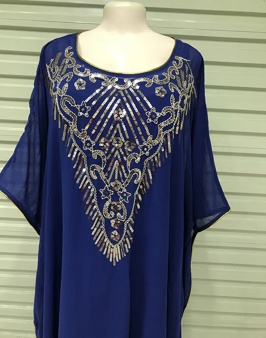 

New African Women's Dashiki Fashion Abaya Stylish Chiffon Fabrics Golden Sequin Loose Long Dress Black Free Size