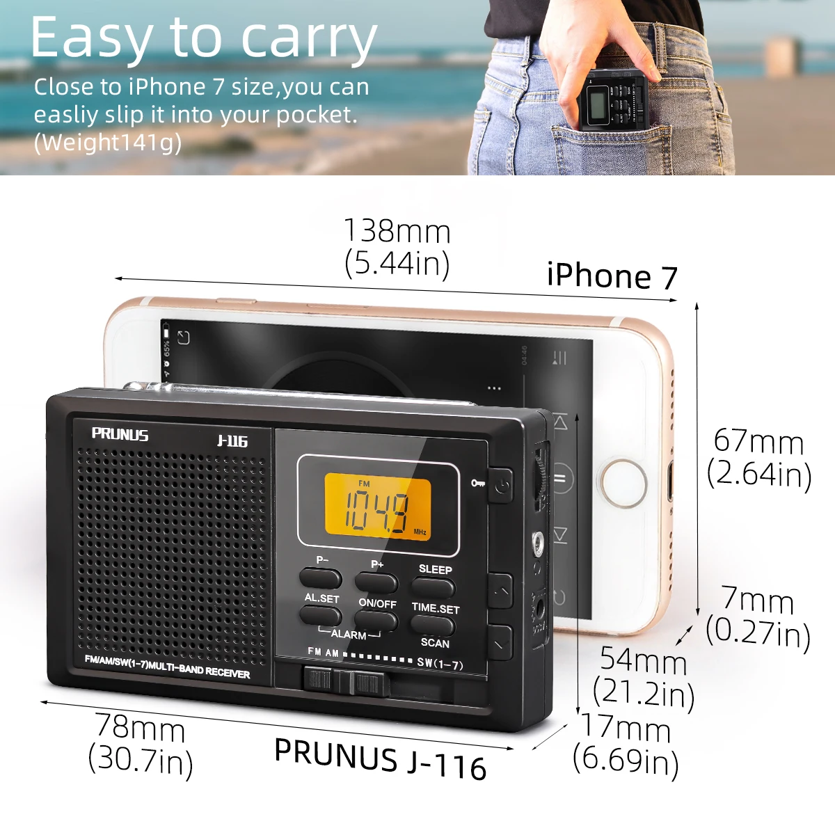 Портативный fm-радиоприемник PRUNUS J116 AM SW 9-диапазонный мини-радиоприемник с