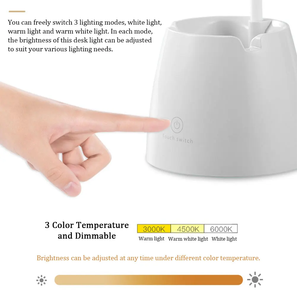 

USB Charging Dimmable With Pen Holder 3 Color Modes Home Office For Bedroom LED Lamp Touch Switch Table Desk Light 360 Flexible