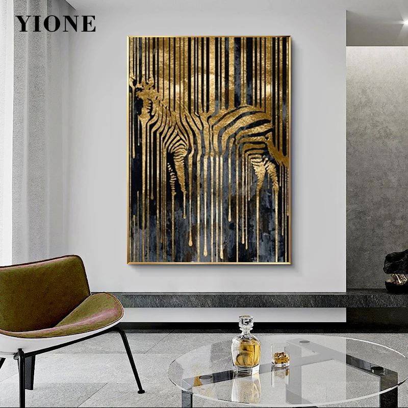 

Abstract Art Golden Lines Zebra Canvas Painting Custom Modern Animal Horse Wall Art Poster Living Room Decoration Picture Print