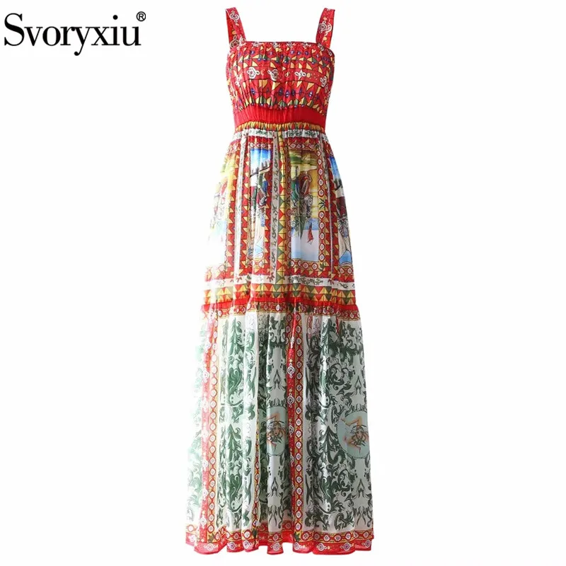 

Svoryxiu Runway Designer Summer Sexy Spaghetti Strap Maxi Dress Women's Warrior Totem Print Party Maxi Long Dresses Vestdios