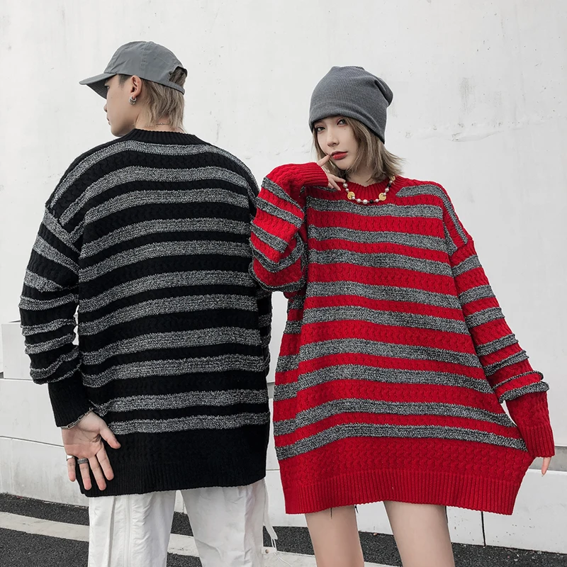 

Harajuku Color Match Striped Streetwear Sweaters Men and Women Pullover Crew Neck Oversize Casual Sweater Knitted Loose Tops