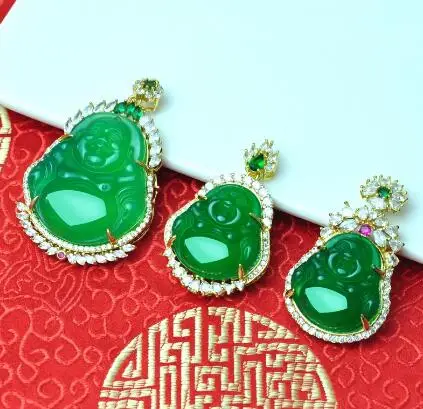 

925 Sterling Silver green chalcedony pendant buddha pendant Zircon crystal gem Jewellery