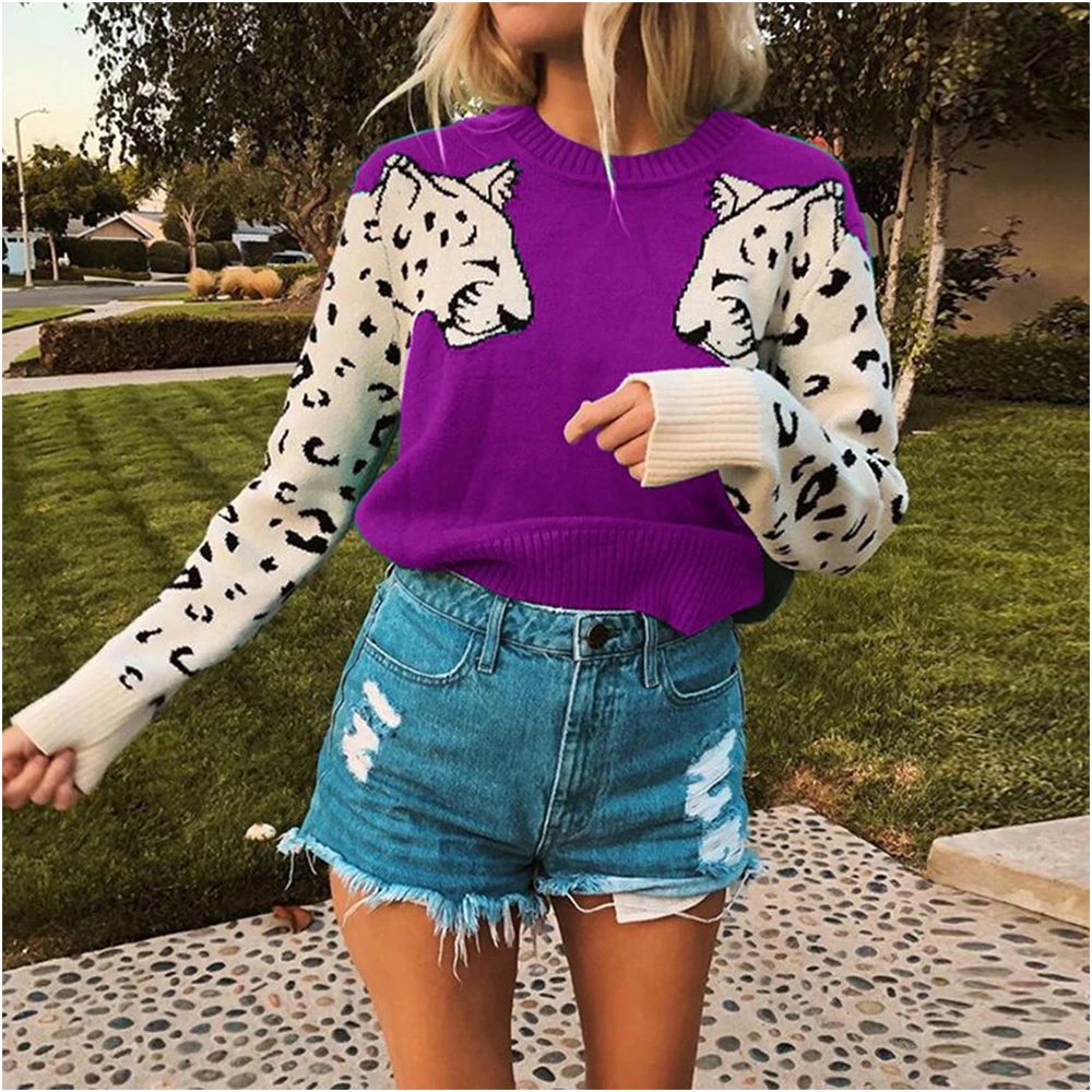 

Женский свитер с леопардовым принтом, Осенний Повседневный вязаный Свободный пуловер с круглым вырезом и длинными рукавами, теплый шерстян...