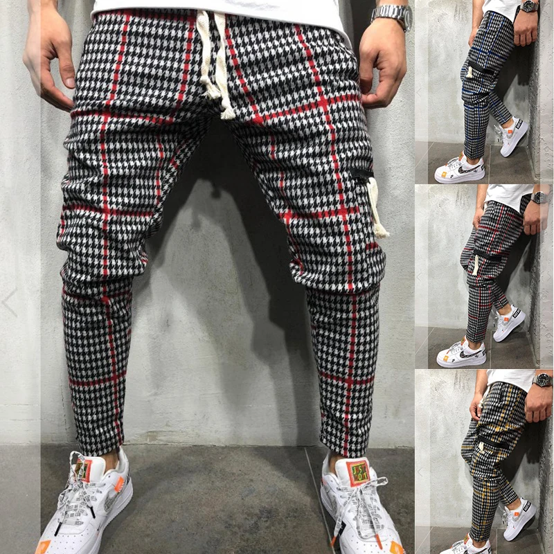 

New Mens Pants Fashion Casual Long Pants Plaid Hip Hop Harem Trousers Streetwear Stacked Sweatpants Men