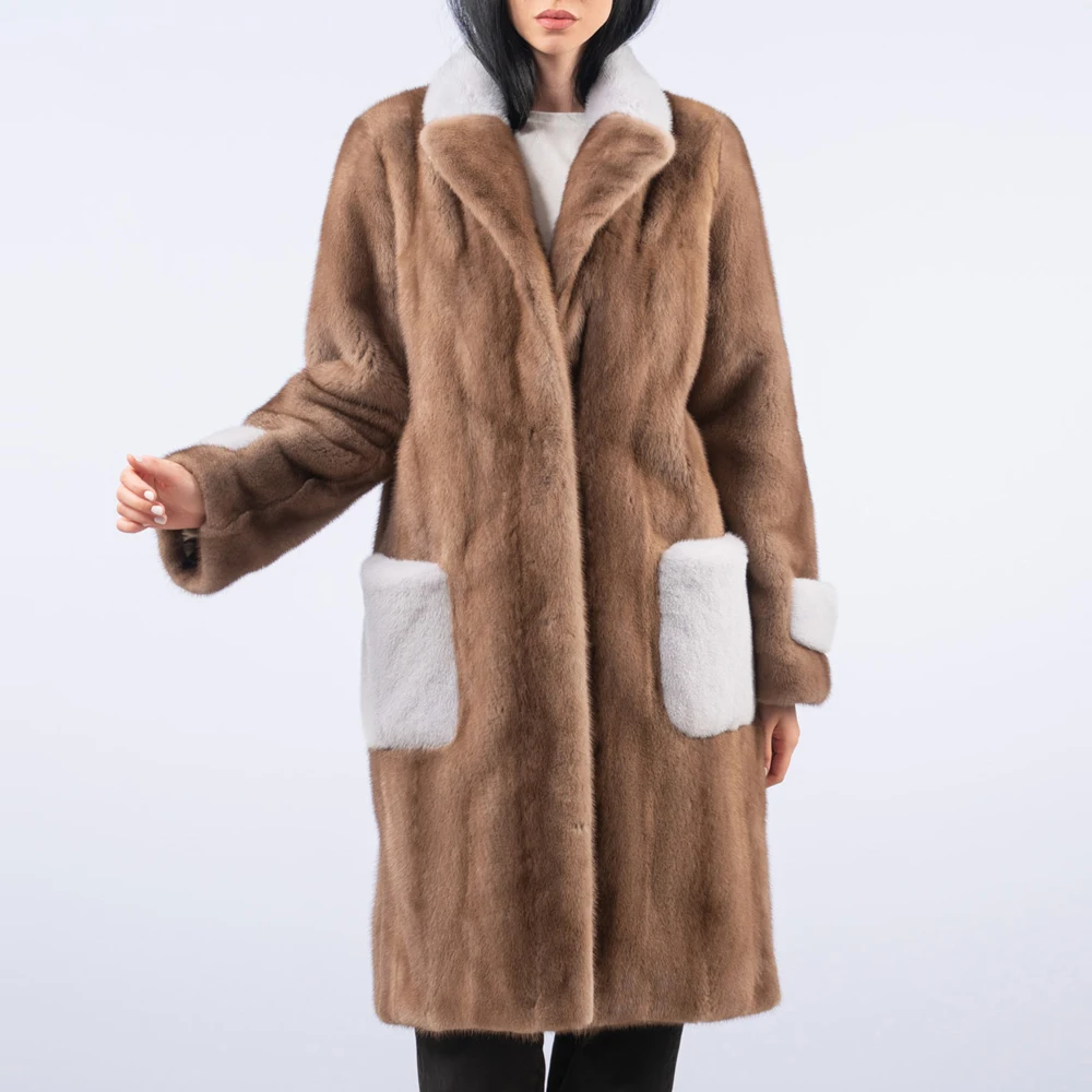 BFFUR Long Coffee Real Mink Fur Coats Natural High Quality Winter Fashion Woman Full Pelt Mink Fur Coat Turn-down Collar Outfit