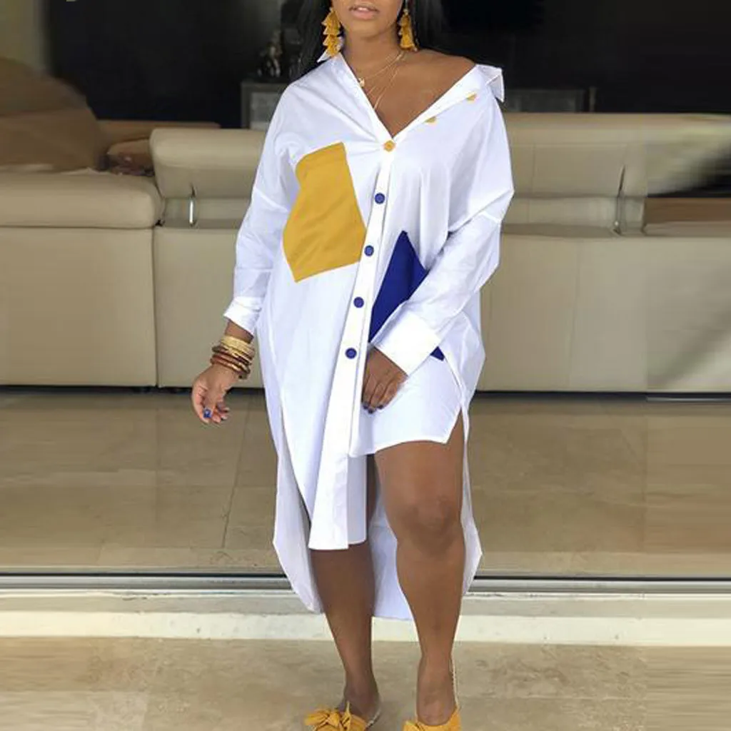 Женское длинное платье-рубашка размера плюс белое лоскутное платье с отложным