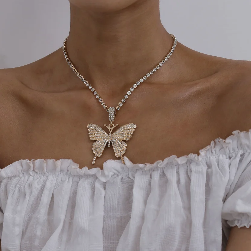 

Fashion Vintage Butterfly Necklace Pendant Iced Out Tennis Chain Gold Color AAA Cubic Zircon Men's Women Hip hop Rock Jewelry