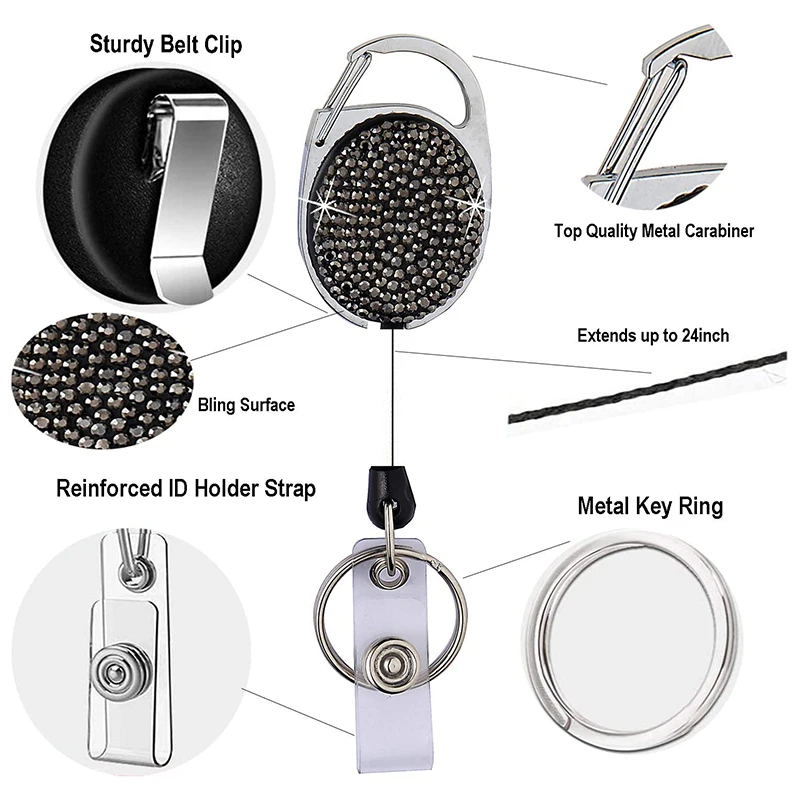 

Retractable Badge Holders with Bling Rhinestones Crystal, Badge Reel with Belt Clip and Key Ring