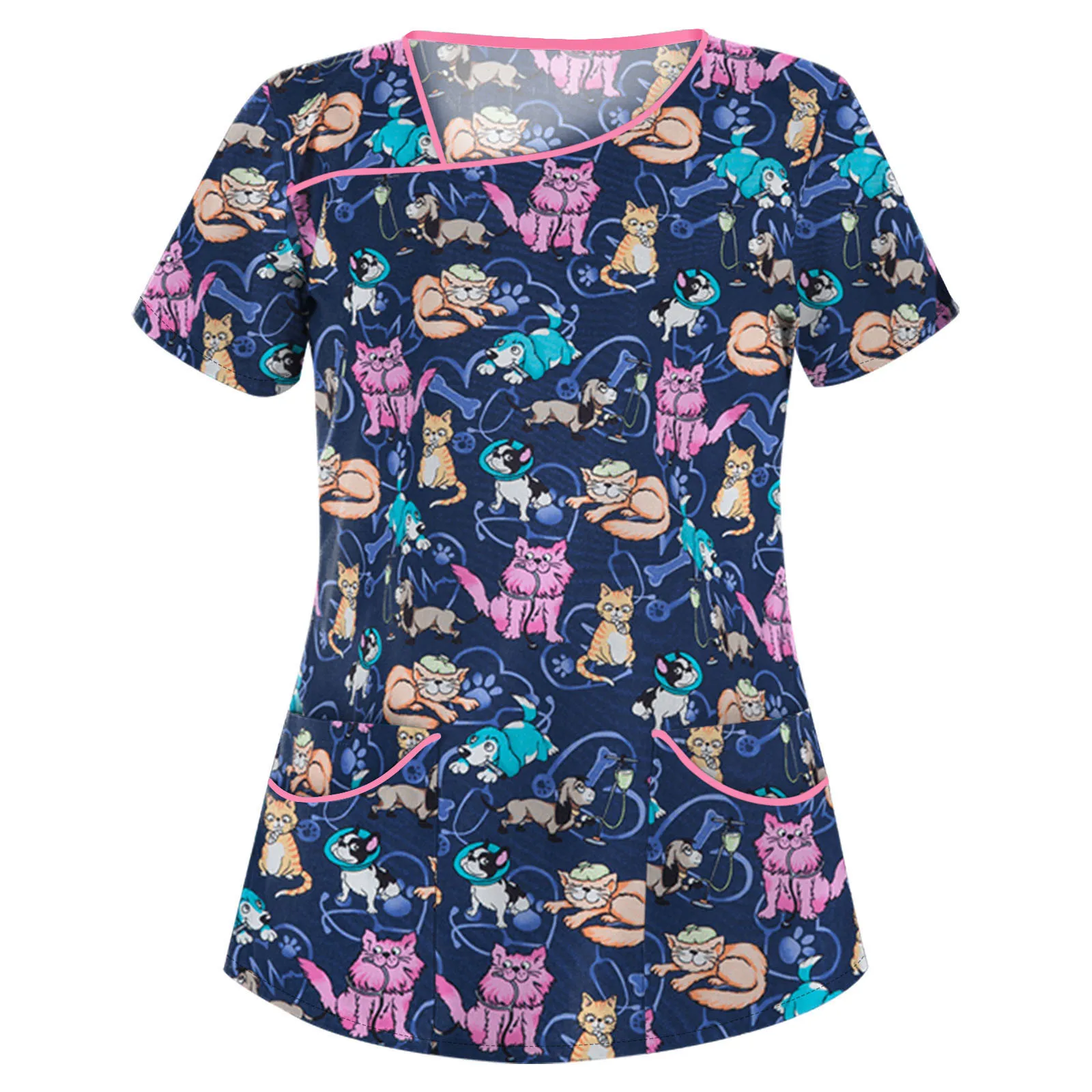 

Uniform Nurse Women Short Sleeve V-Neck Tops Cartoon Animal Print Blouse Clinical Uniforms Woman Protective Clothing A40
