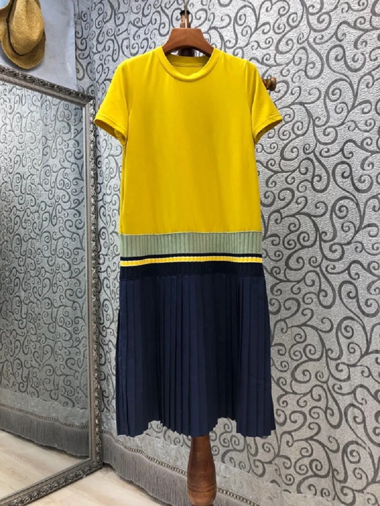 2021 Summer Style Dress High Quality Ladies Pleated Patchwork Short Sleeve Mid-Calf Length Casual Long T Shirt Dress Cotton