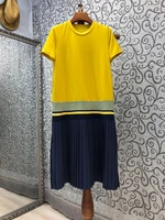 2021 summer style dress high quality ladies pleated patchwork short sleeve mid calf length casual long t shirt dress cotton