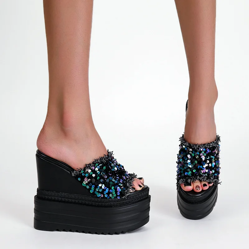 

Wedges Slippers Women Shoes Sequined Cloth 2021 Summer New Fashion Thick Soled Platform Sandals Ladies Outdoor Slides Pumps