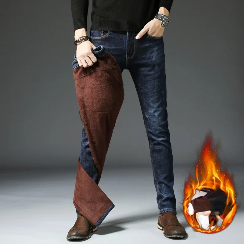 

2021 Winter New Men's Warm Black Jeans Elasticity Slim Fit Thicken Denim Pants High Quality Cotton Fleece Brand Denim Trousers