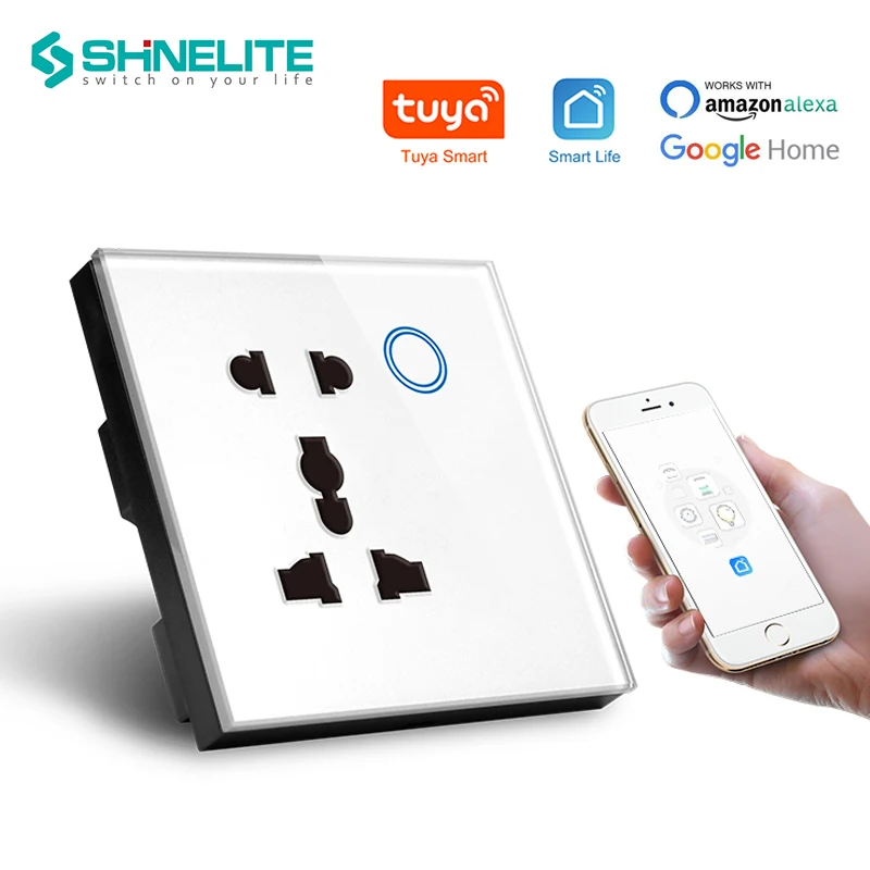 

UK 5 pin Multi-functio wifi socket ,Crystal tempered glass panel WIFI Socket,compatible google,alexa smart wall socket