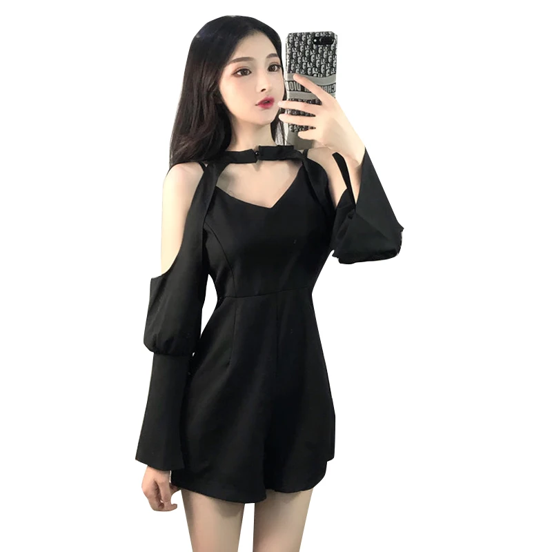 

Women Sexy Party Stage Dance Black Romper Night Club V-neck Off-Shoulder Slim Jumpsuit Fashion Korean Style Bodycon Streetwear