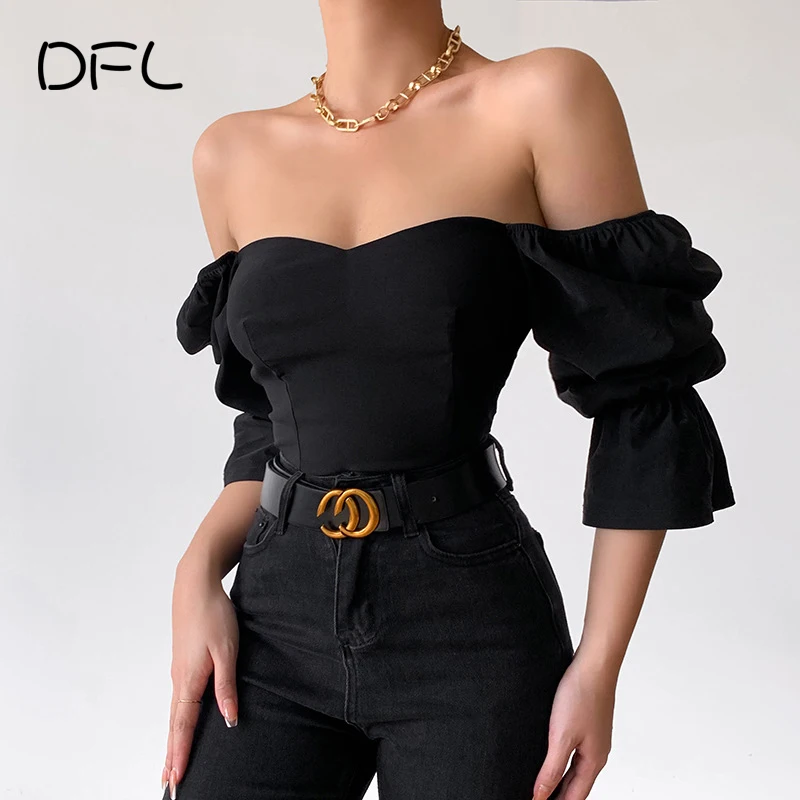 

DFLlifes Puff Sleeve Women's T-shirt Black Solid Backless Sexy Club Fashion Woman Blouses Slim Spring Female Clothing Tops 2022