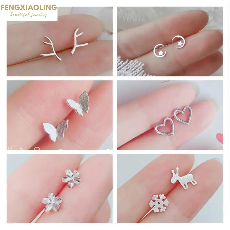 

Fengxiaoling 925 Sterling Silver Mini Stud Earrings For Women Butterfly Moon Flowers Crown Bowknot Heart Earrings Fine Jewelry